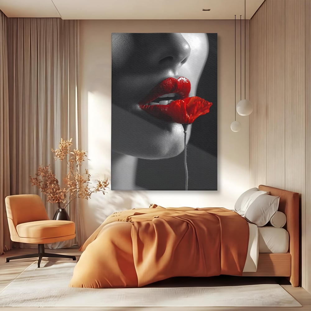 Tablou canvas cu tablou canvas cu buze si mac, fara rama, pe sasiu de lemn, pe perete intr-un dormitor